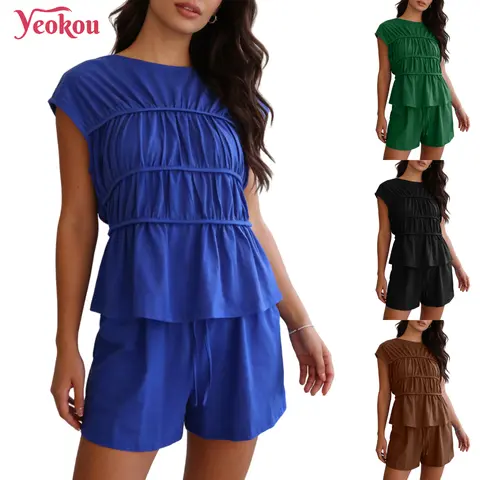 Yeokou Women's 2-Piece Fitted Matching Set - Lady's Sleeveless Shirred Tiered Top & Shorts, Breathable Comfort Fabric, for Everyday Casual Outings