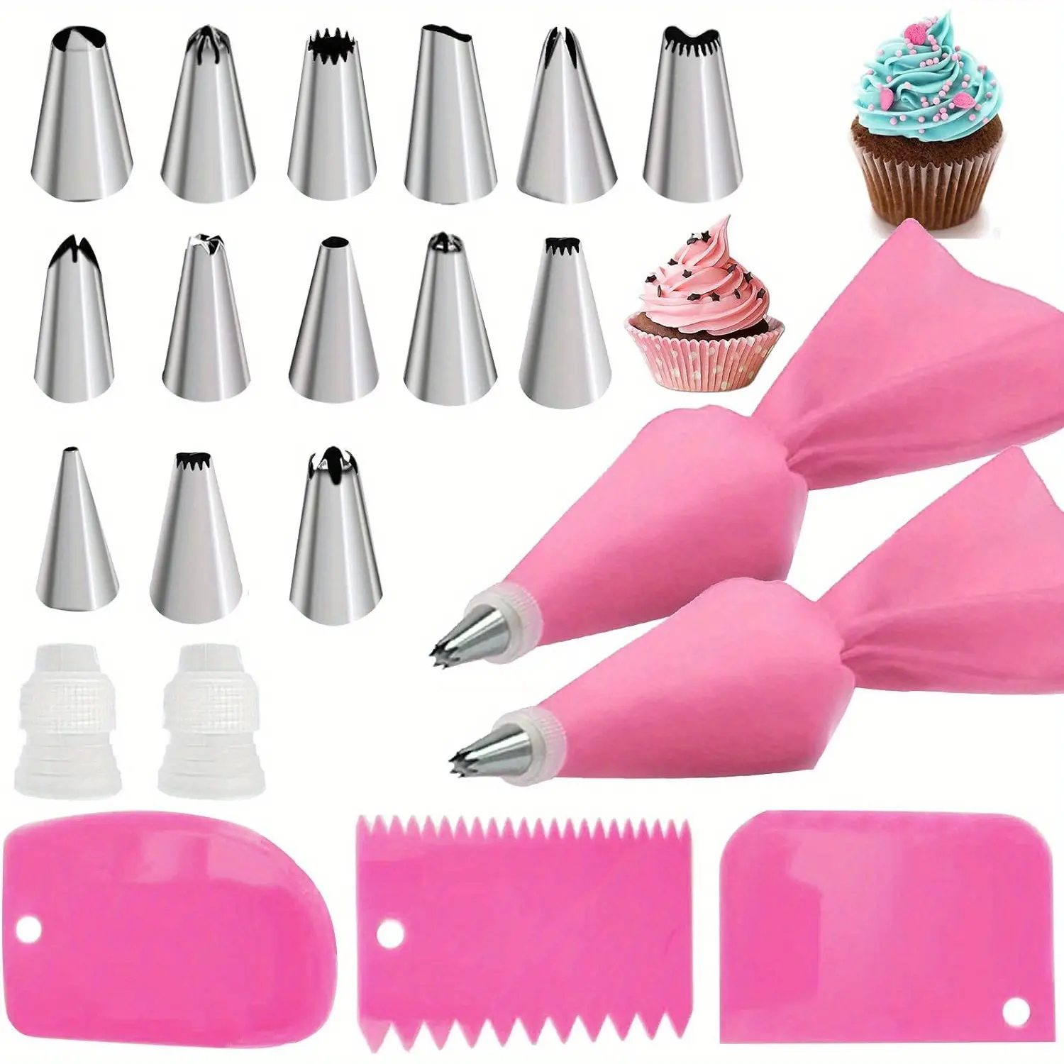21pcs Piping Bags and Tips set,2 Reusable Silicone Pastry Bag with 14 Stainless Steel Nozzle Icing Tips Set, 3 Icing Smoother & 2 Couplers & Baking Tools Baking Supplies Baking Accessories for Baking Decorating Cake Tool (Pink) Pastry Decorative Kit