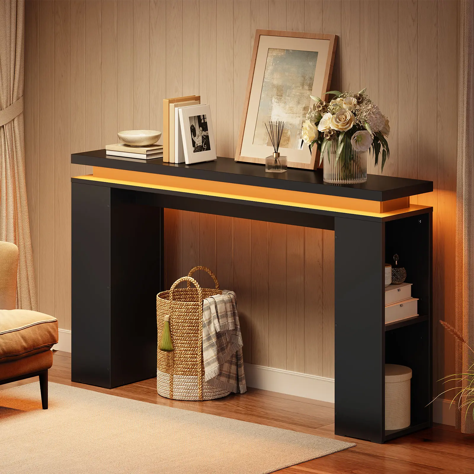 HOOBRO 47.2"  LED Console Table, Narrow Entryway Table with Floating Tabletop, Behind Couch Sofa Table for Hallway, Living Room, Adjustabl Side Shelves, Black #SummerVibes