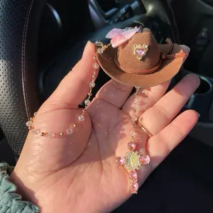 Pink Virgin Marry Car Blessing Charm. Handmade Protection Gift Decoration, Brown  Sombrero with , Cross pendant pink heart