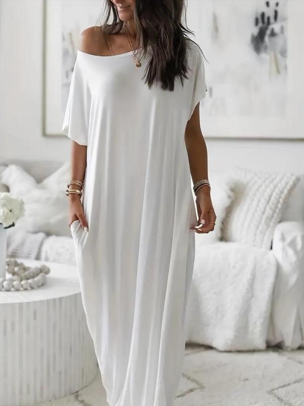 Women's Solid Color Batwing Sleeve Lounge Dress - Loose-Fitting Casual Comfy Minimalist Short Sleeve Nightdress for Daily Wear Loungewear Ladies Sleepwear for All Seasons Women'swear Leisure - Light Womenswear - Valentine's Day gift