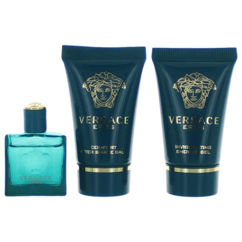 Versace Eros Men's 3-Piece Mini Fragrance Set - Includes Fragrance Sets, Shower Gel, Fresh and Clean After Shave Balm, Wood, Lemon