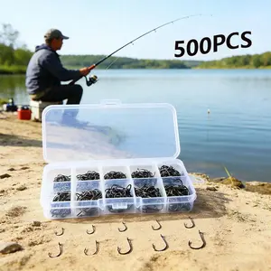 500-Piece Premium Fishing Hook Set 10 Sizes of Carbon Steel Hooks with Portable Plastic Case Barbed, Strong, and Sharp Hooks Suitable for Freshwater/Saltwater Fishing