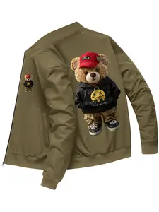 Men’s autumn/winter jacket with a ribbed collar, featuring a cartoon bear print; a casual sports streetwear open-front jacket with zippered pockets—an ideal gift for a boyfriend or husband.