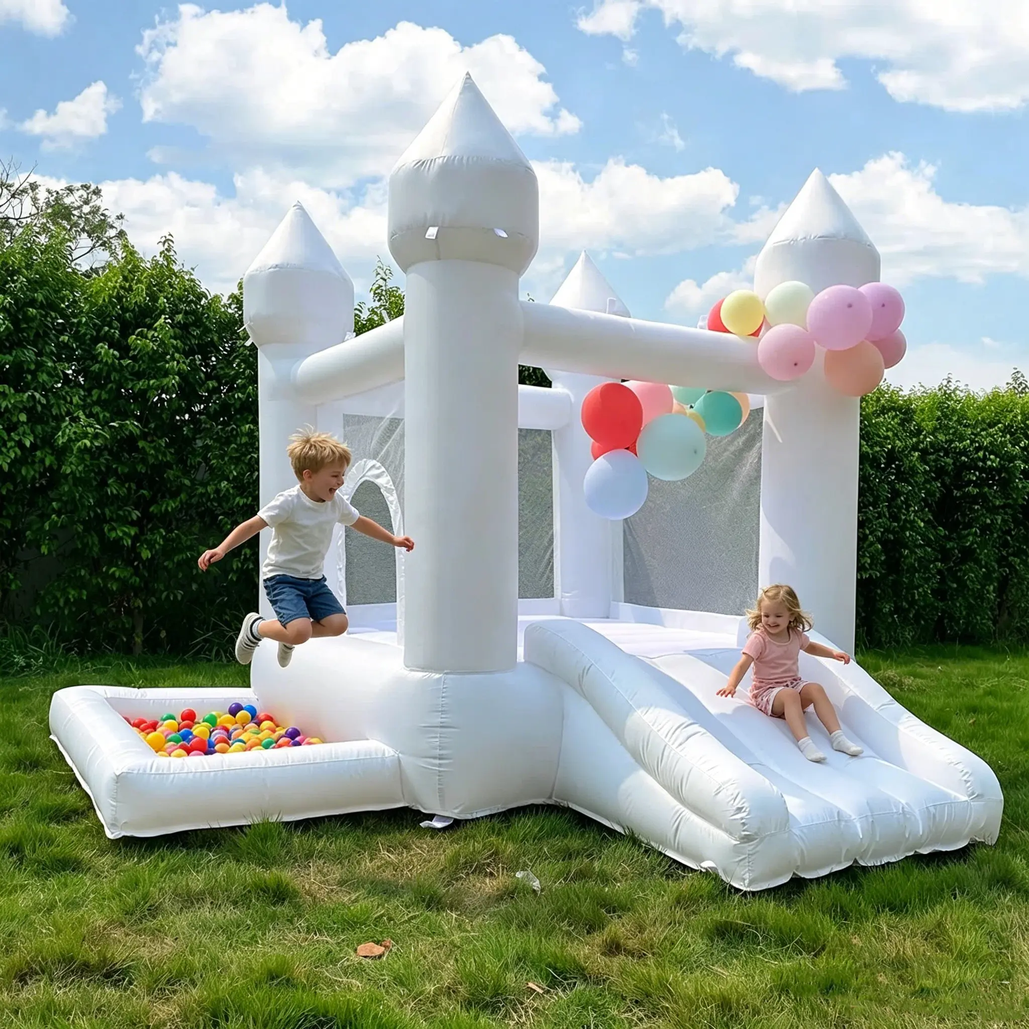 White Multi-Purpose Inflatable Bounce House for Toddlers-Kids, Oxford Fabric Toys with Blower, Storage Bag, Slide, Ball Pit, Zipper Blink - Healthy & Active Play Events Playground Equipment, Bouncy Castle, Inflatable Bouncy House