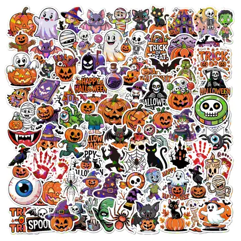 100PCS Durable Traditional Halloween Waterproof Vinyl Stickers - Non-Repeating Pumpkin, Bat, Witch, Candy, Holographic Designs, Versatile Party Supplies for Kids, Adults - DIY Scrapbooking & Stamping Decor