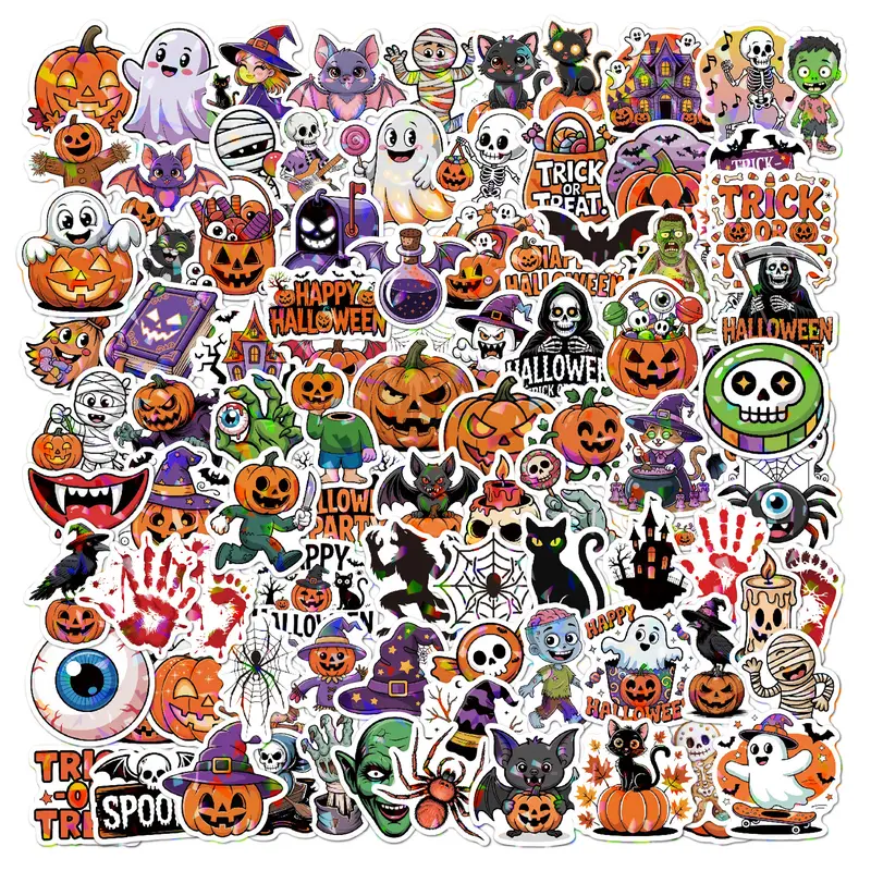 100PCS Durable Traditional Halloween Waterproof Vinyl Stickers - Non-Repeating Pumpkin, Bat, Witch, Candy, Holographic Designs, Versatile Party Supplies for Kids, Adults - DIY Scrapbooking & Stamping Decor