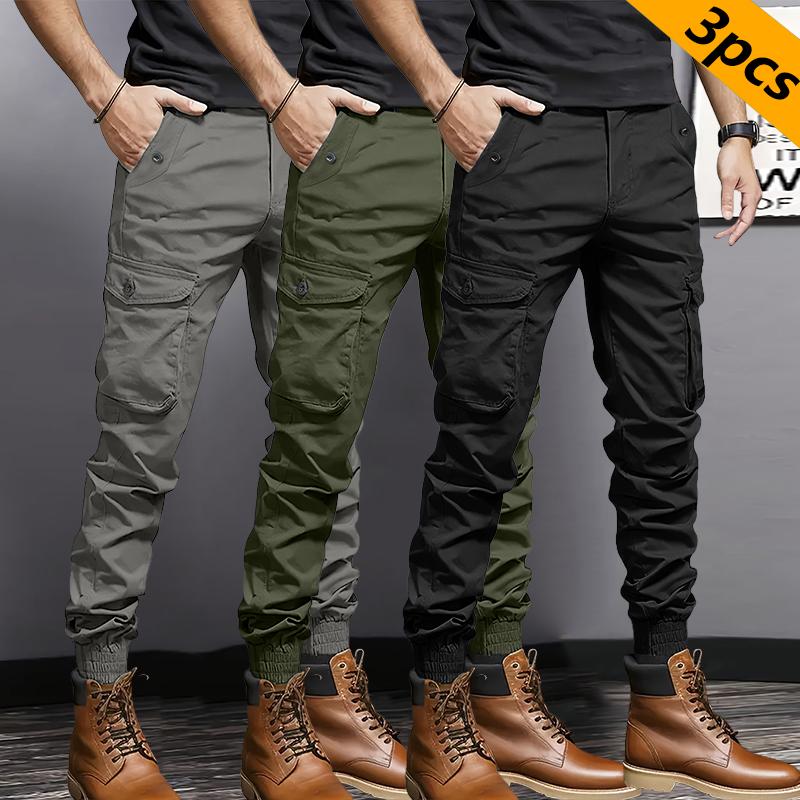 3 Pack Men's Heavyweight Multi-Pocket Work Pants with Large Cargo Pockets, Drawstring Elastic Waist Tactical Workwear - Regular Fit All Season Soldier Style, Suitable for Halloween Parties & Everyday Wear/Hiking/Construction Work - Durable Non-Stretch Fab