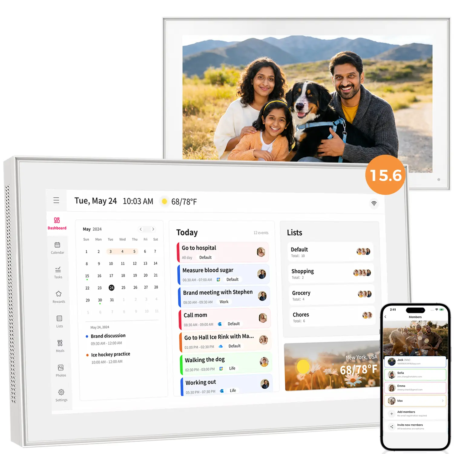 2-in-1 Digital Calendar & Photo Frame for Families, 15.6in HD Touch Screen (1920x1080), Touch+App & App + Touch Screen Dual Control, Calendar Apps, Meal Schedule, Duty Chart, Home Interactive, Wall-Mountable (White), Smart Family