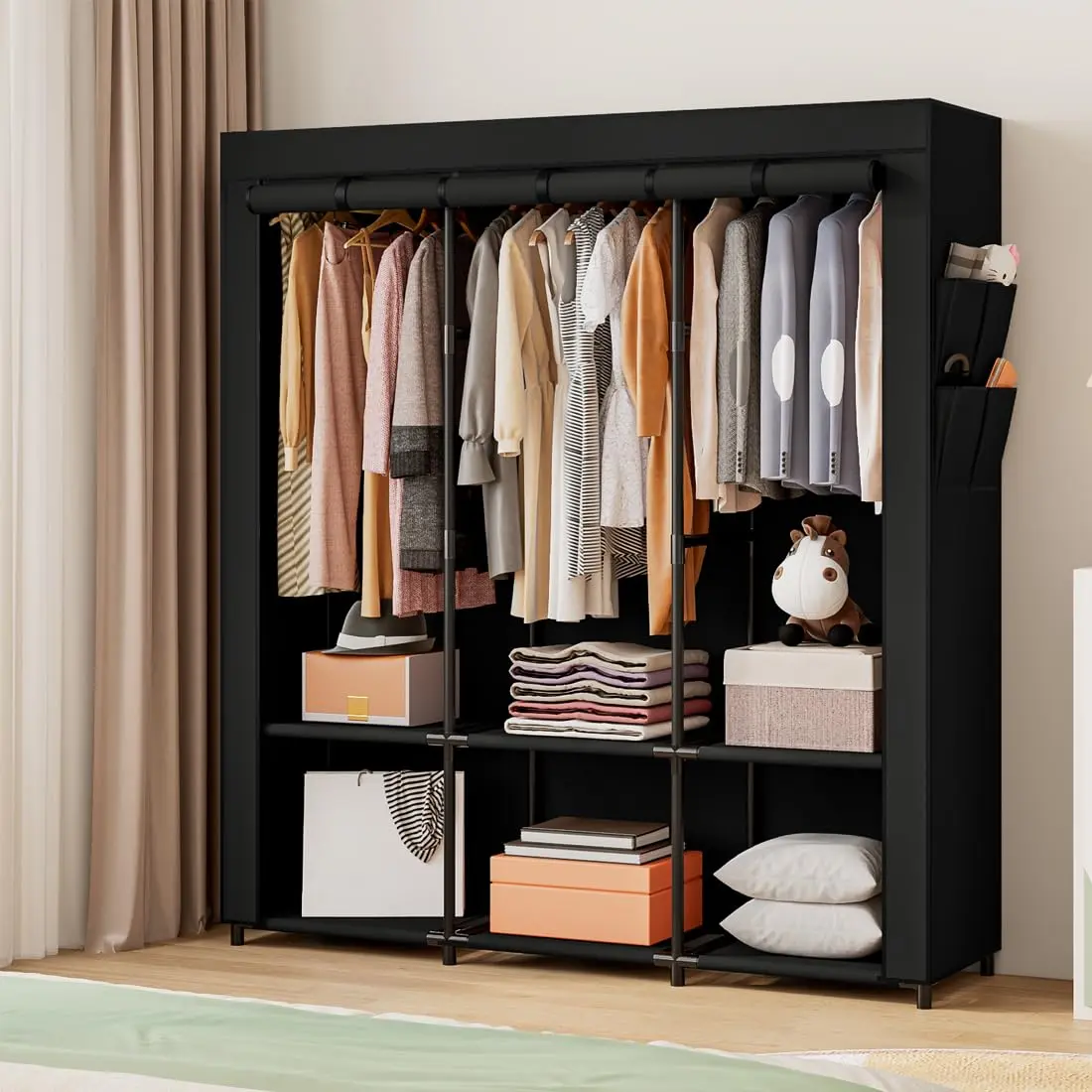 Portable Closet Wardrobe Storage Organizer Metal Hanging Rack Non-Woven Fabric 50 Inch Furniture Bedroom