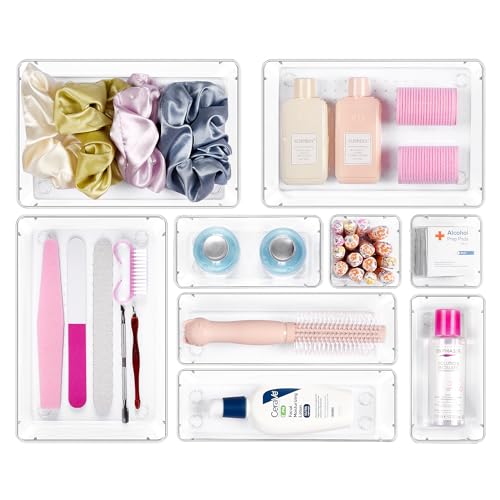 PLL 25 PCS Clear Plastic Drawer Organizers Set, 4-Size Versatile Bathroom and Vanity Drawer Organizer Trays, Storage Bins for Makeup Boxes
