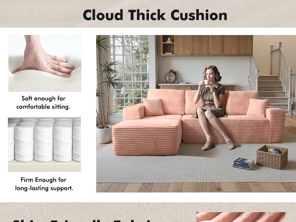 HOOOWOOO 106" Modular Pink Cloud Couch with Chaise Lounge, 【2 Packages Shipping】Modern Sectional Boneless L-Shaped Modular Plush Corduroy Sofa for Living Room Bedroom, No Assembly Required, Pink
