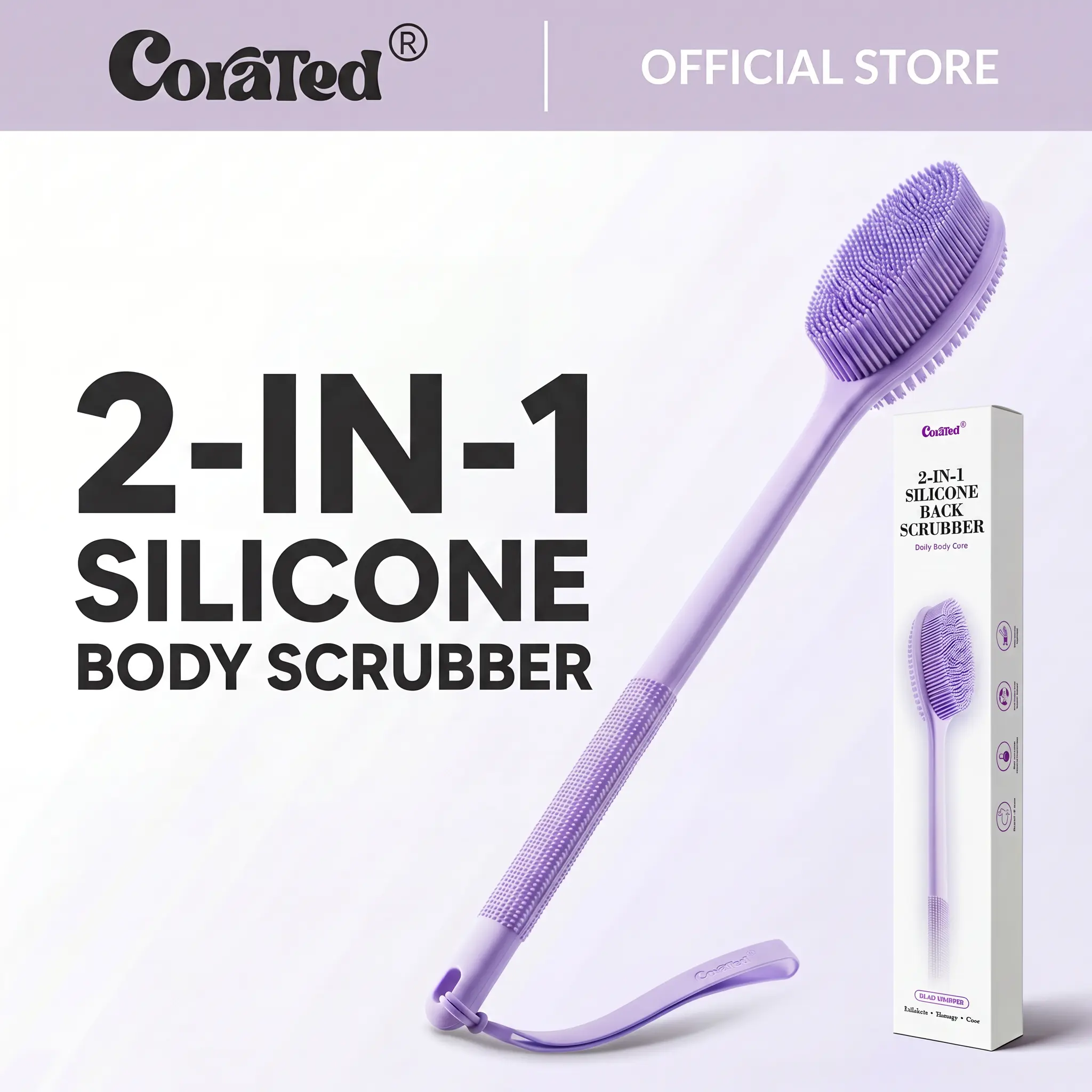 [CORATED Official] 17.5" Silicone Back Scrubber with Long Handle - Anti-Slip Deep Exfoliating Body  for Smooth Skin Care, Home Spa Bath Accessory, Accessories scrub brush, Shower Back Scrubber, Body Wash Scrubber