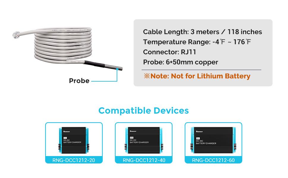 Renogy Battery Temperature Sensor for 12V 20A/40A/60A DC to DC on-board Battery Charger
