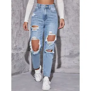 Women's high waisted straight leg twill denim jeans, light washed blue streetwear, comfortable, adjustable, breathable