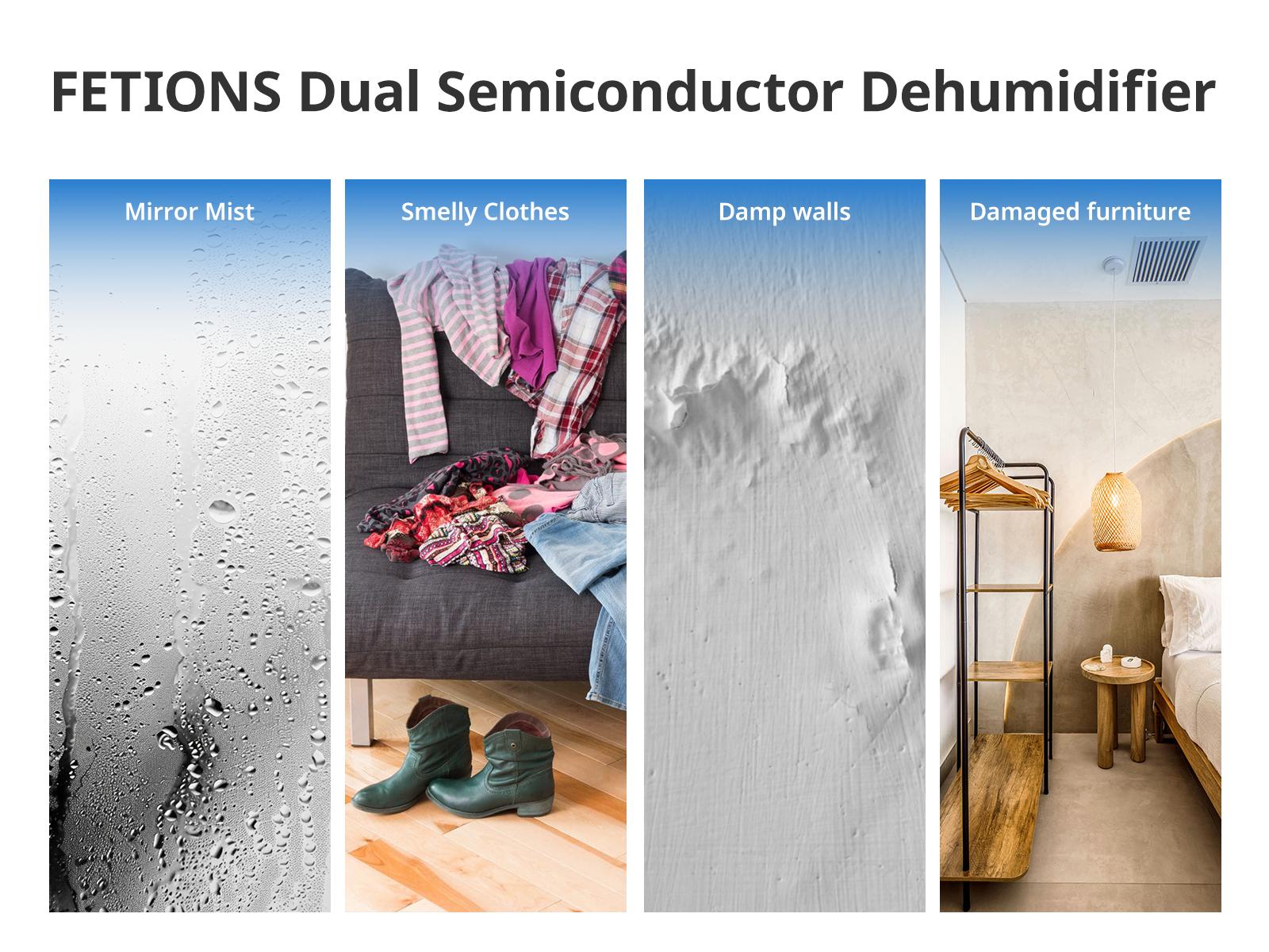 Fetions 95oz Portable Dehumidifier, High-Efficiency, Drain Hose Included, 7 Customizable Colors, Perfect for Bathroom, Bedroom, Kitchen, and Basement – Black