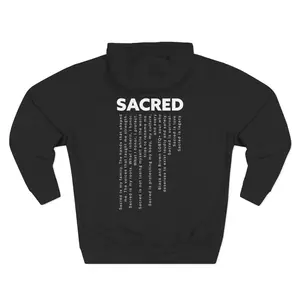 SACRED word art Hoodie | Minimalist typographic back print, small chest logo