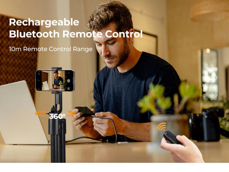 K&F CONCEPT Up to 71" Face Tracking Tripod Selfie Stick| 360° Rotation + Bluetooth Remote + Stand| 2 Fill Lights (Optional)| Black/White Textured (White Same as Black), for Travel/Live Streaming/Vloggers