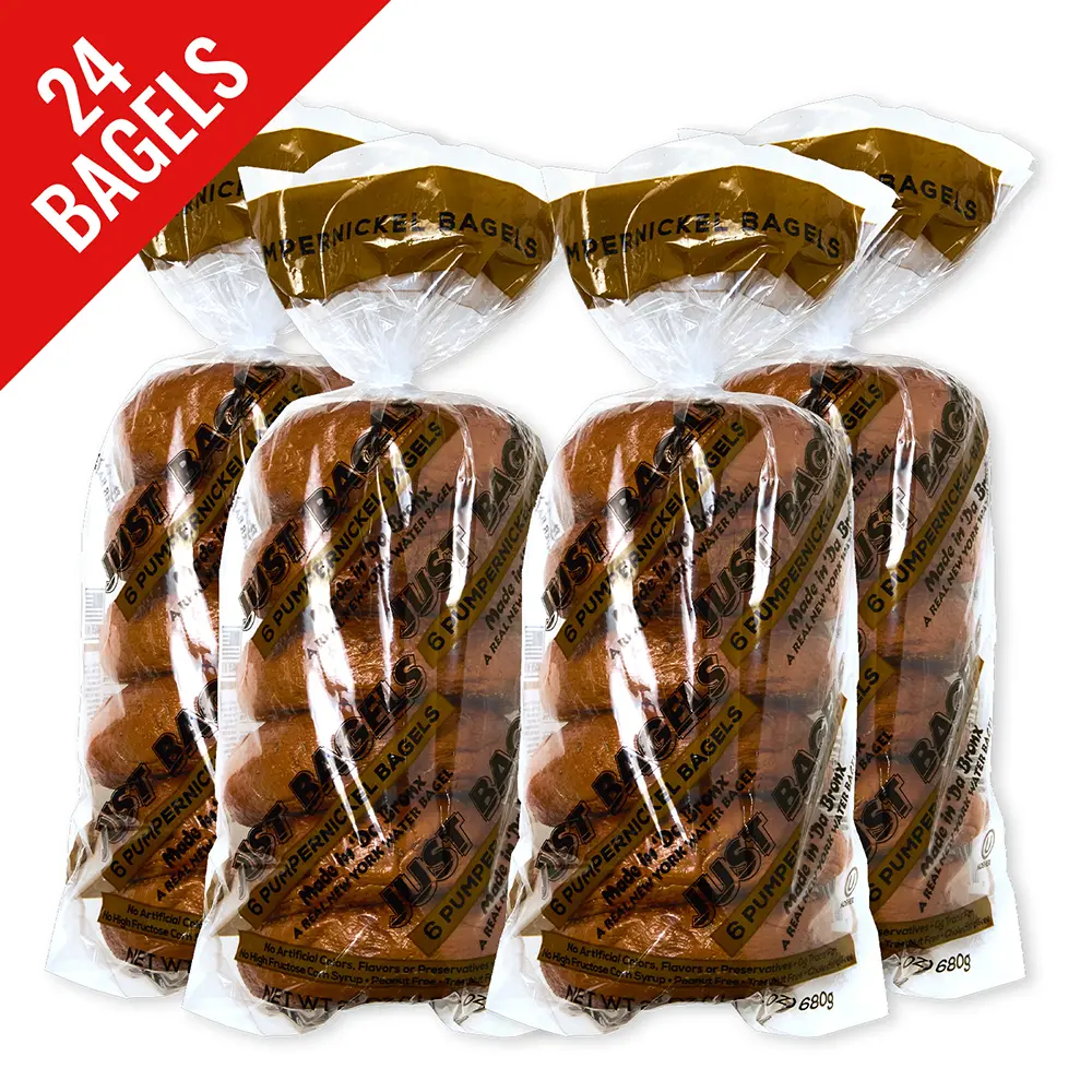 Just Bagels - Pumpernickel Bagels 4 Packs of 6 Non-GMO New York Style Bagels - 24 Bagels