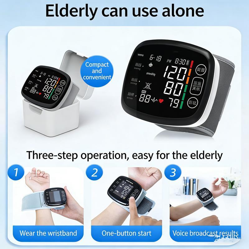 Rechargeable Wrist Blood Pressure Monitor for Home Use LED Display Voice Broadcast Touch Screen 99x2 Reading Memory with Carrying Case Portable Accurate Reading.