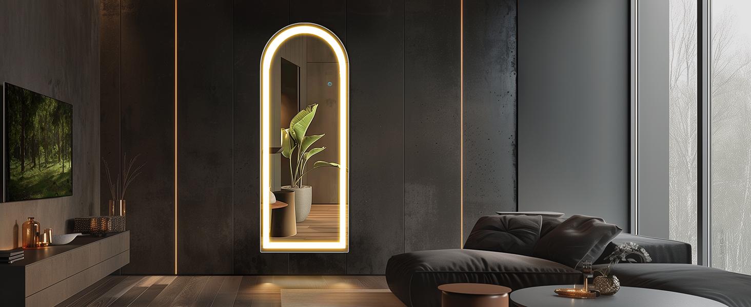 Stand Mirror Full Length with LED Lights, Floor Mirror Dimming & 3 Color Lighting, Large Mirror for Bedroom, Glass Decorations Supplies