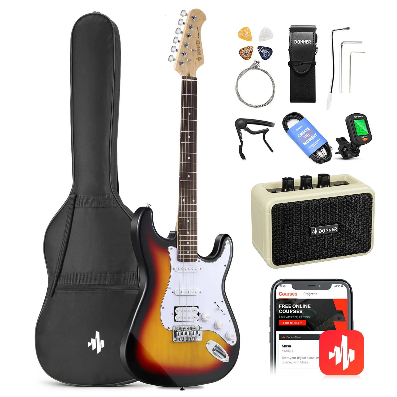 Donner DST-100 Full-Size 39-in Basswood Solid Body Electric Guitar Kit for Beginners - HSS Pickup Mix for Styles, HSS Setup for Rock and Blues, 203s Humbucker, Bright Sound, Mini Amplifier, Guitar Picks, Strings, Rechargeable Batteries