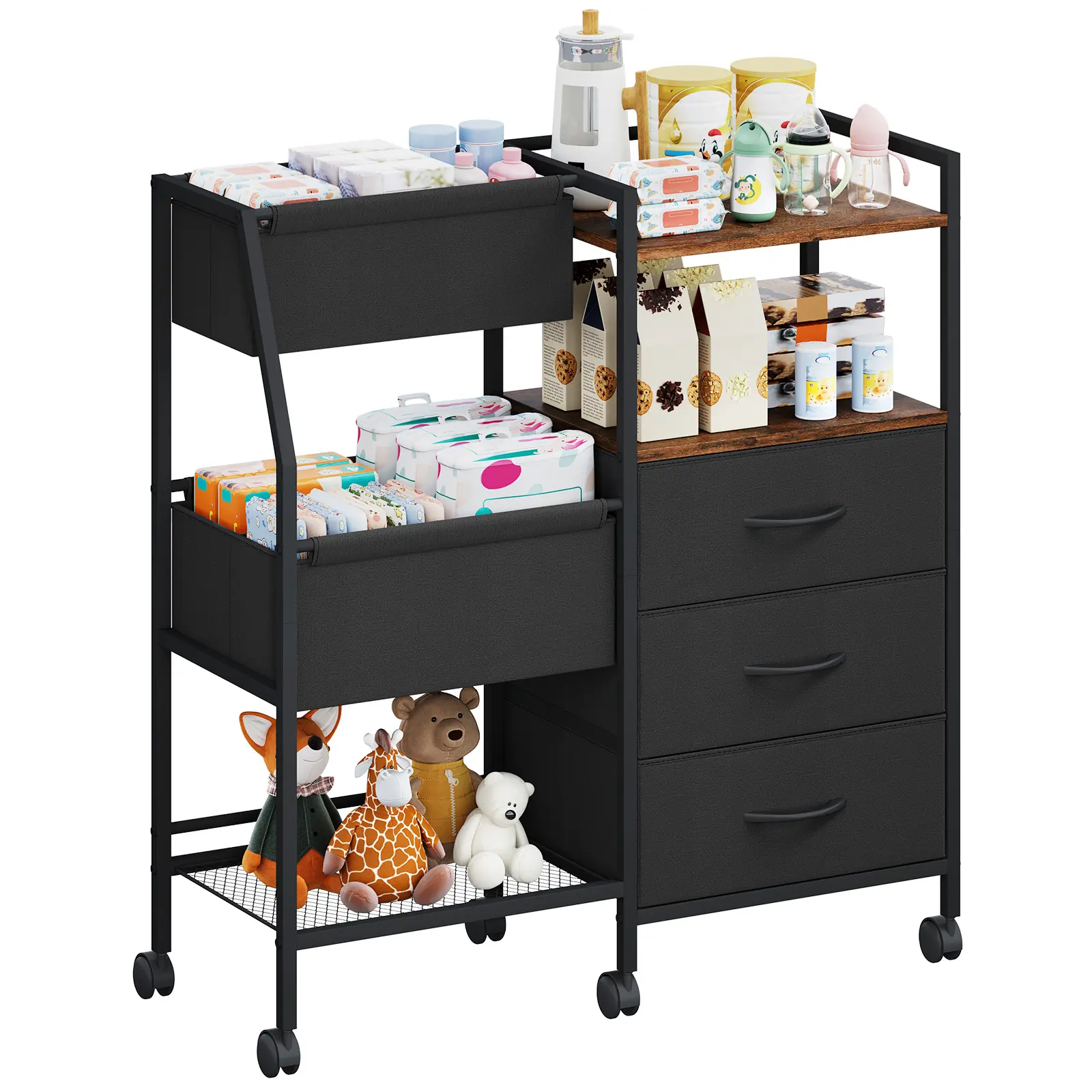 Somdot Baby Diaper Caddy Organizer Cart, 3 Tier Rolling Baby with Dividers and Drawers, Easy to Assemble, Large Capacity, Baby Essentials Organizers and Storage for Nursery, Bedroom, Charcoal Grey