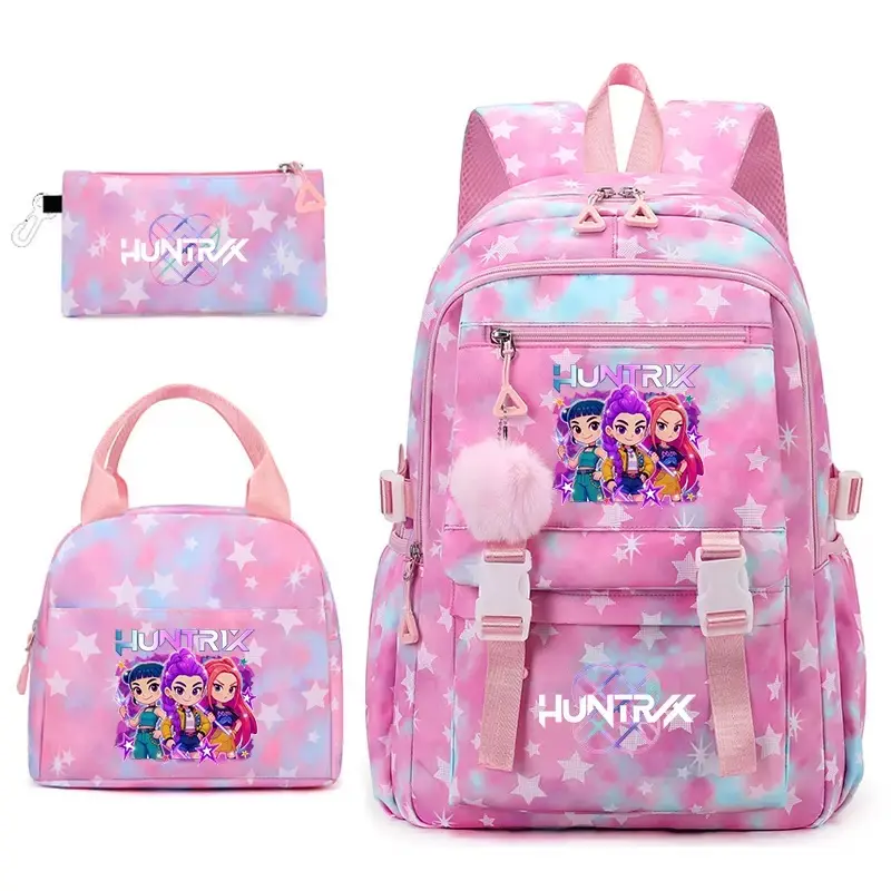 Girls' Cute Cartoon Anime 3-Piece Backpack Set with Star Print, 15.6in Laptop Compartment, Lunch Pouch, Pencil Pouch, Multi-Pockets, Shoulder Straps – Teen Back to School Travel Birthday Gift