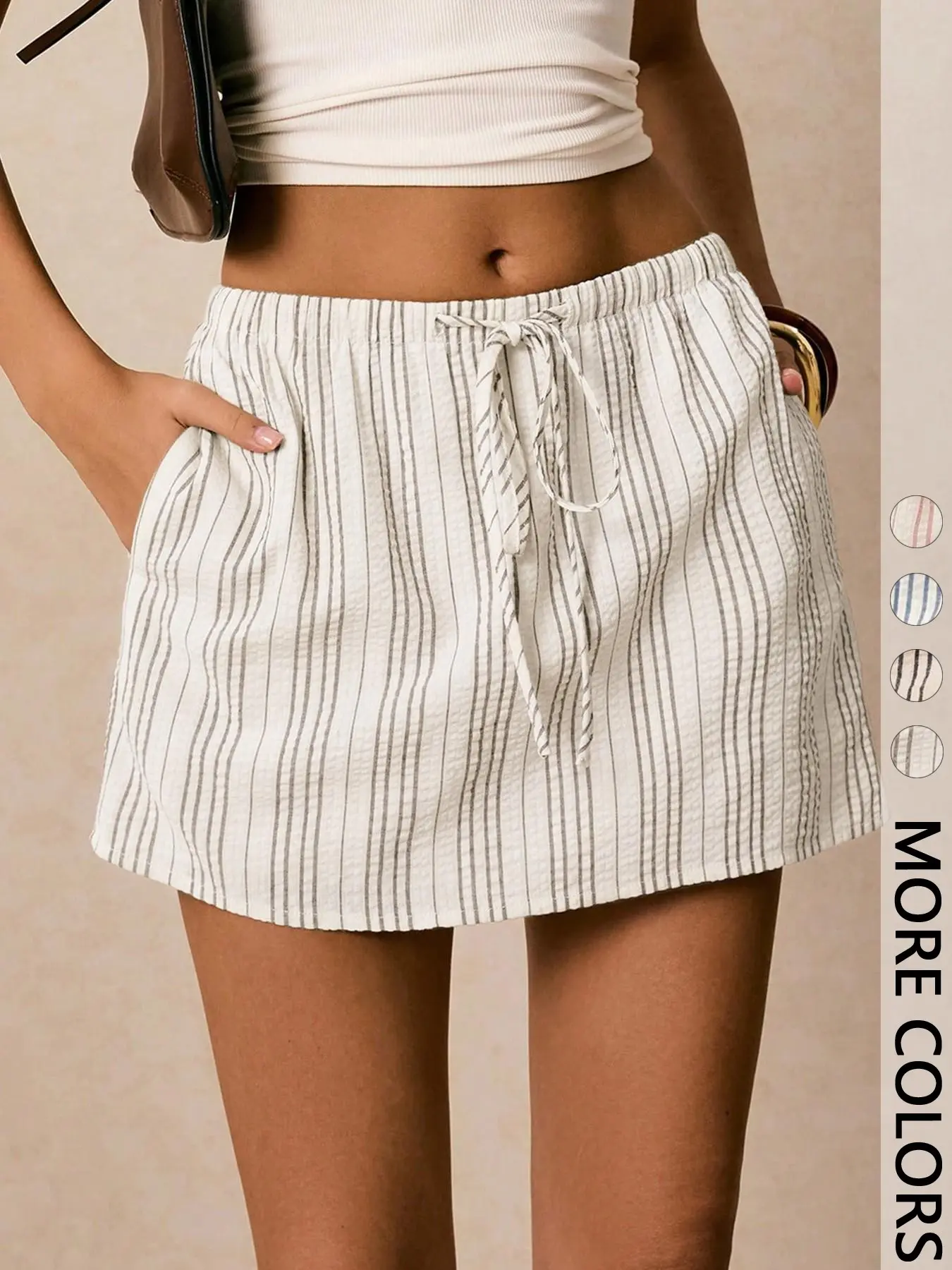 1 Piece Elastic Waist Striped Shirred Skort for Women, Comfortable Versatile, Daily Casual Summer Style