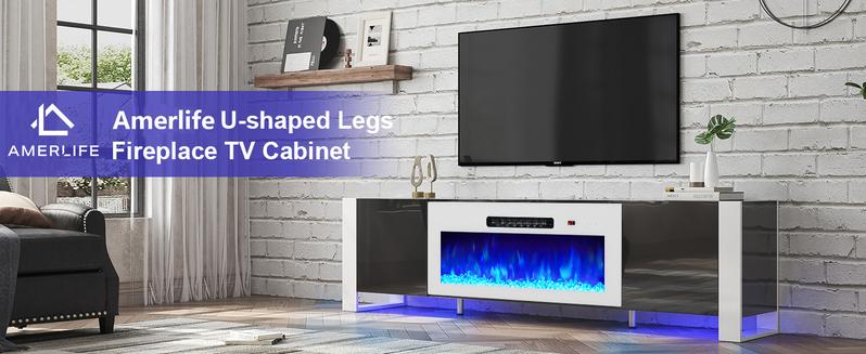[Ships in 2 Boxes] AMERLIFE U-Shaped Legs Fireplace TV Stand, Media Console with Electric Fireplace and LED Lights, Modern Entertainment Center with Storage Shelf, Apartment Furniture/Best Gift Ideas/Christmas Gifts