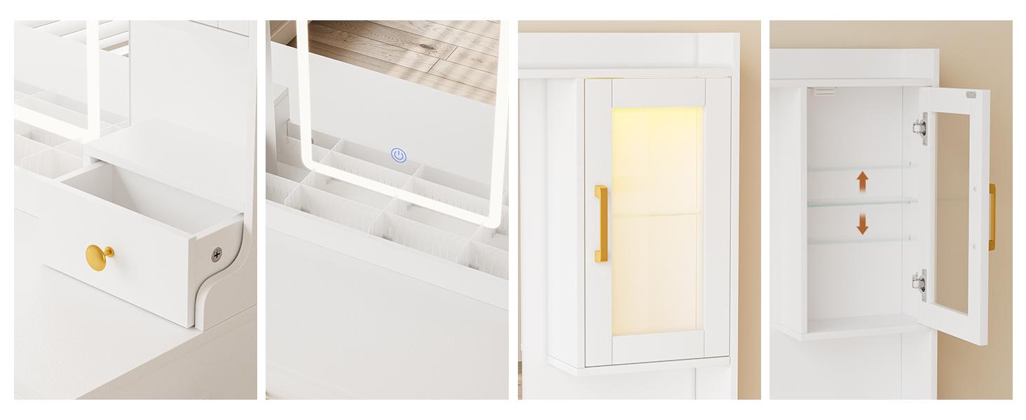 Makeup Vanity with HD Mirror, Dressing Table with Adjustable LED Lighting, Vanity Desk Ample Storage & Built-In Power Outlets – Perfect for Beauty Essentials and Home Use