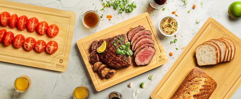 Royal Craft Wood Bamboo Cutting Board Set of 4, Sturdy Bamboo Chopping Boards for Kitchen - Wooden Cutting Boards with Juice Groove & Side Handles