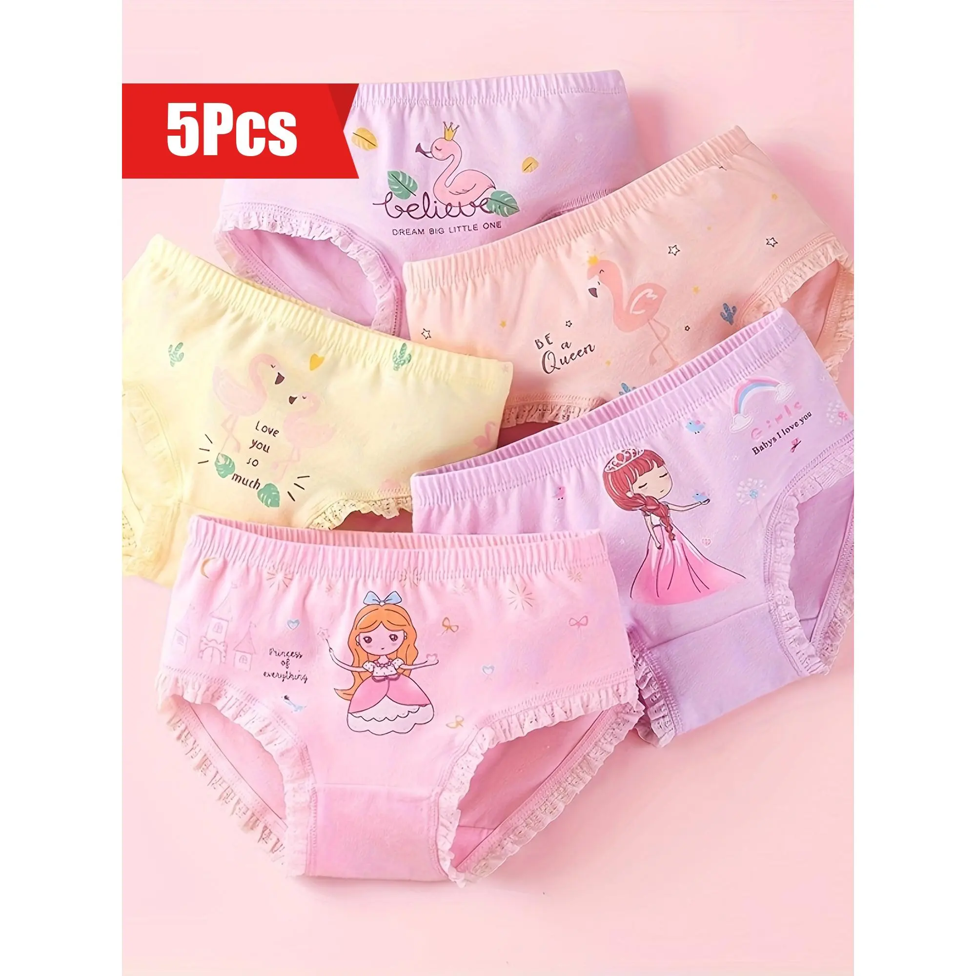 5-Pack Girls' Soft Cotton Briefs, Cute Cartoon Animal & Princess Print with Lace Trim & Light Stretch for All-Season Comfort, No Chest Pad, Animal Prints, Knit Fabric