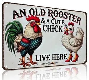 Funny Gifts for Women Chicken Lovers Farm Enthusiasts An Old Rooster And A Cute Chick Live Here Chicken Tin Sign for Chicken Coop Farm Kitchen Garden Yard Decor 8 X 12 Inch