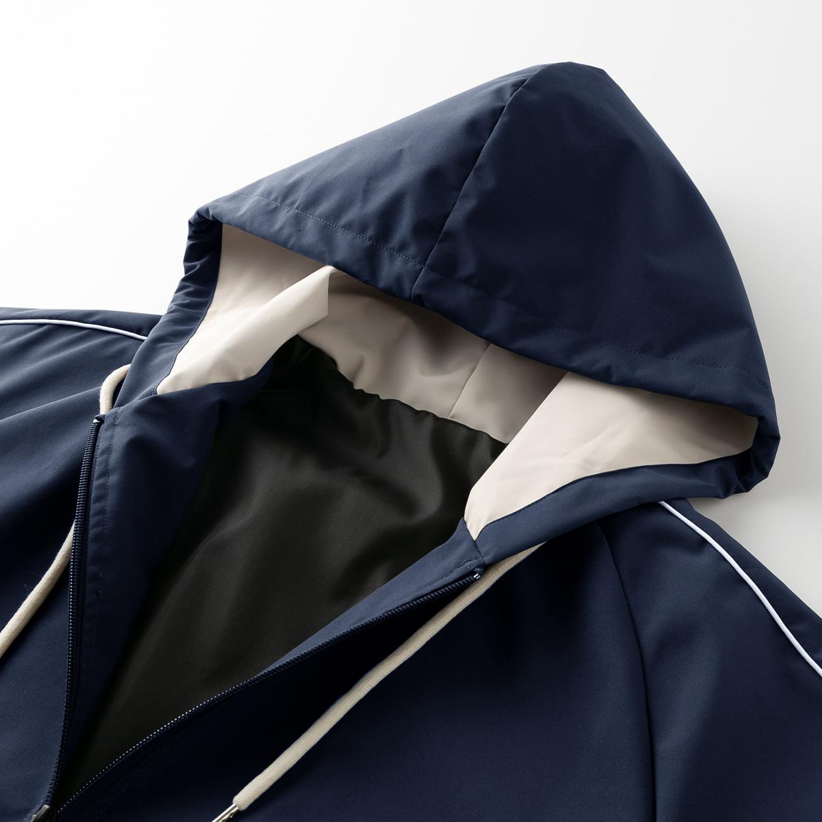 Men’s Patchwork Zip-Up Hooded Jacket – Lightweight windproof casual jacket with a soft, smooth street style, featuring contrast striped cuffs, suitable for everyday wear and outdoor commuting Casual