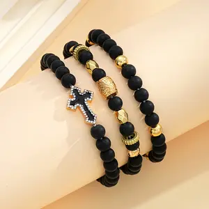 Men's 3-Piece Stackable Beaded Bracelet Set Matte Black with Iced-Out Lightning Bolt Charm & Gold Accents Streetwear & Casual Style Faith Wear Jewelry