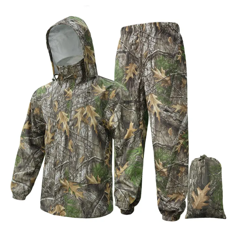 LOOGU Men's Polyester Jungle Camo 2-Piece Durable Rain Suit - Waterproof Hooded Raincoat & Pants, Lightweight, Breathable, Rainproof, for All Seasons Camping&Hiking, Agriculture Sports Use