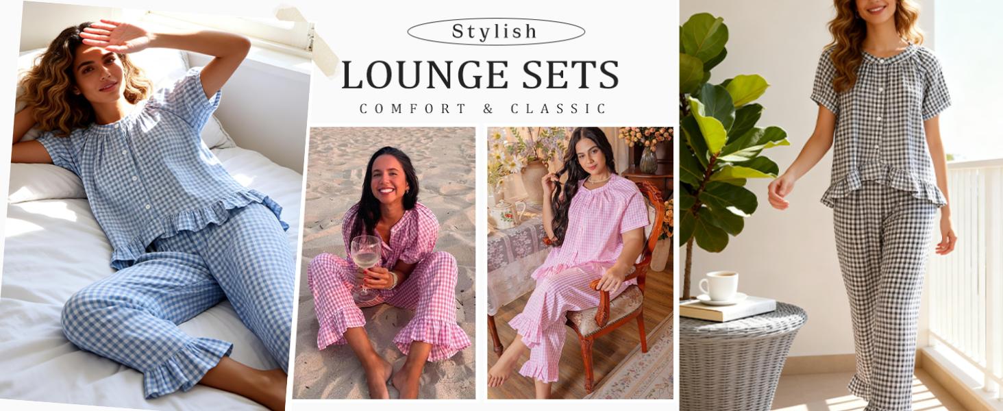 SCUSTY Women Two Piece Sets Y2k Plaid Pajama Sets Ruffle Hem Gingham Short Sleeve Shirt High Waist Bell Bottom Pants Lounge Cute Soft Sets