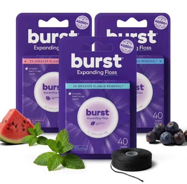 BURST Expanding Floss Flavor Trio-Mint Eucalyptus, Watermelon Mint, Juniper Berry-Black Expanding,Stain-Absorbing, Woven Floss, Vegan, Paraben Free, Mint Eucalyptus, Removes Plaque