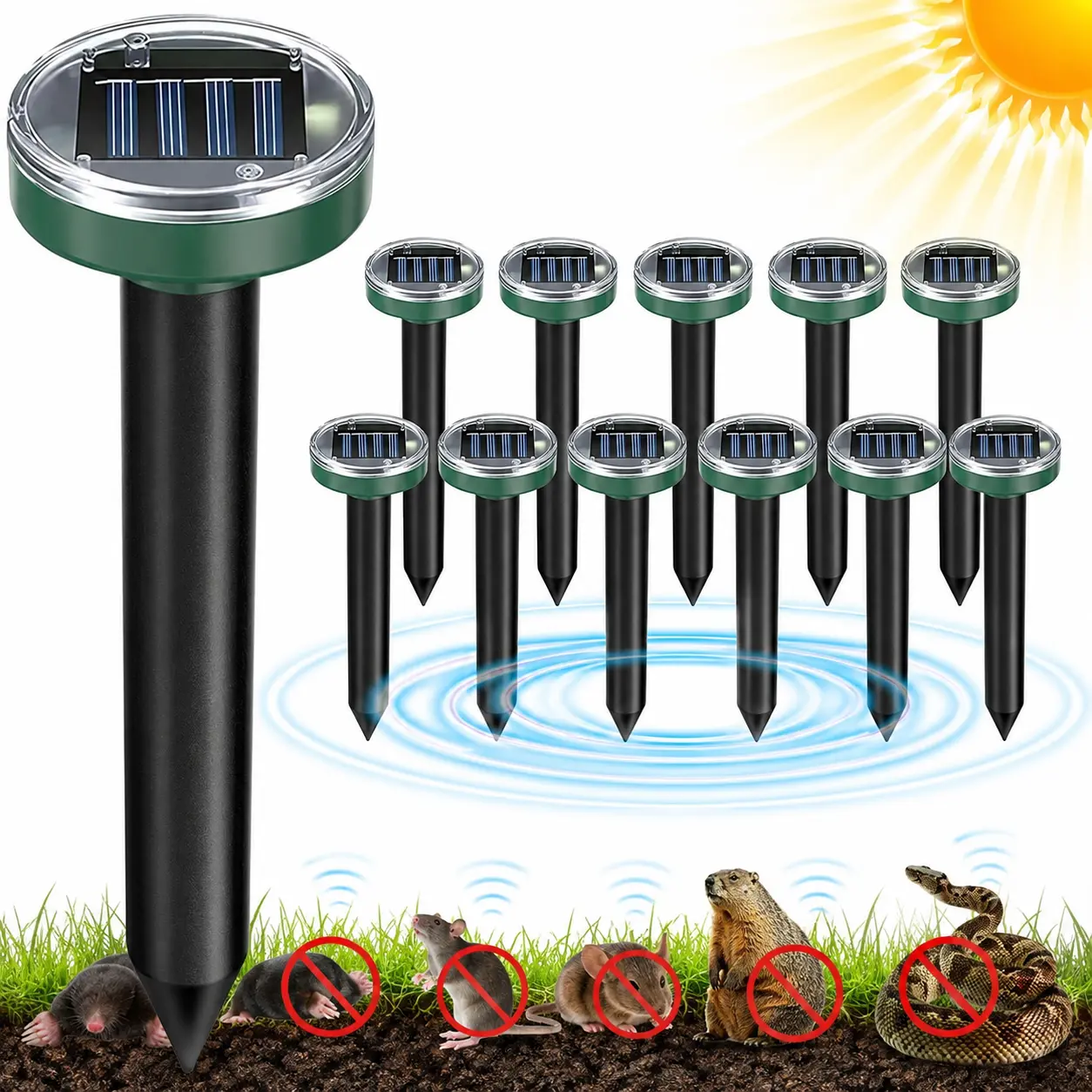 12Pcs Solar Ultrasonic Animal Repellent Device - Waterproof, Easy to Use, FCC/CE/ROHS Certified, Insert Into Ground, ABS - Repels Snake, Mole, Groundhog, Gopher, Skunk, Vole, Rabbit, Deer for Lawn & Garden (Pet Supplies, Reptile Deterrent)