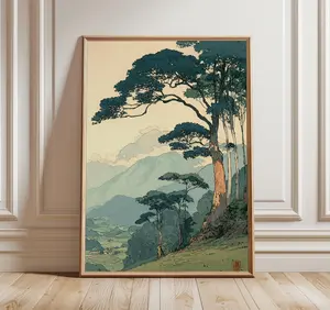 No Framed - Vintage Japanese Forest Poster - Tranquil Mountain Landscape Wall Art - Serene Retro Nature Print for Relaxing Home Atmosphere