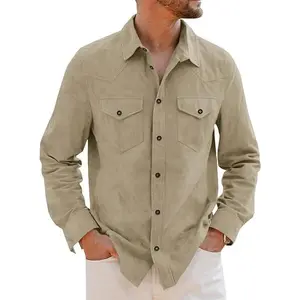 Runcati Mens Long Sleeve Suede Shirts Button Down Shacket Casual Work Western Regular Fit Shirt Jacket