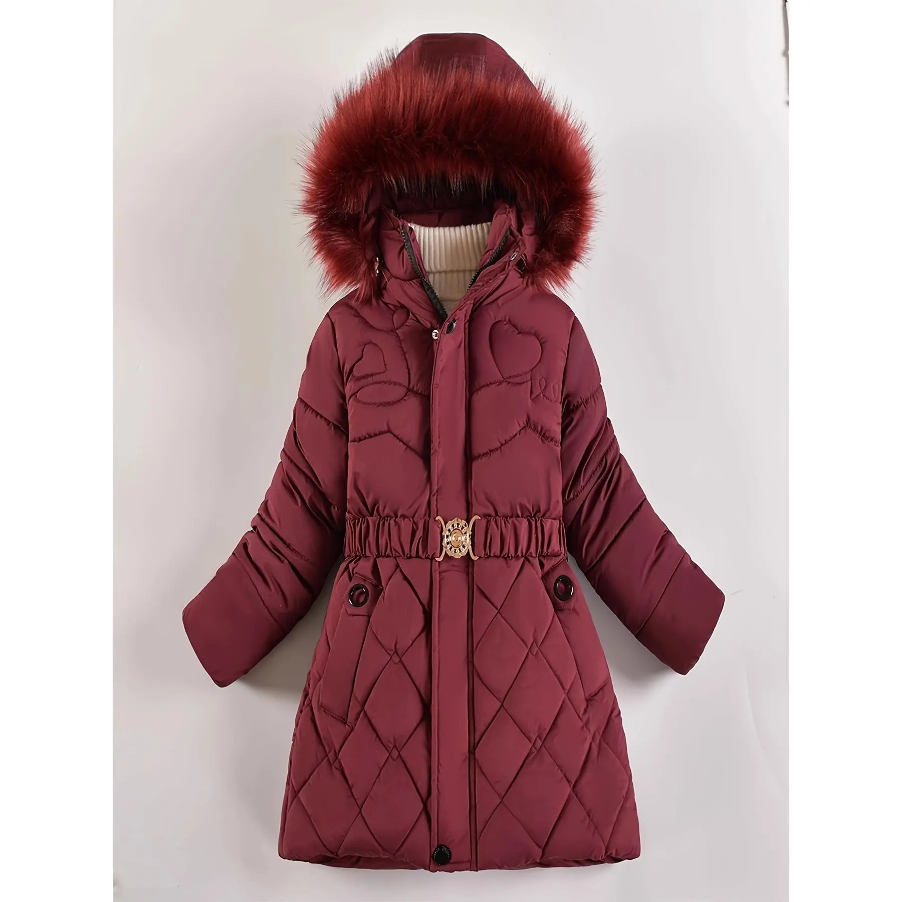 Girls' Winter Warm Polyester-Filled Puffer Jacket - 1pc Basic Plain Hooded Coat with Belted Design, Zip Closure, Long Sleeves, Regular Fit, Casual Autumn-Winter Kids' Outerwear, Machine Wash, Do Not Dry Clean, Size 11-12 Years