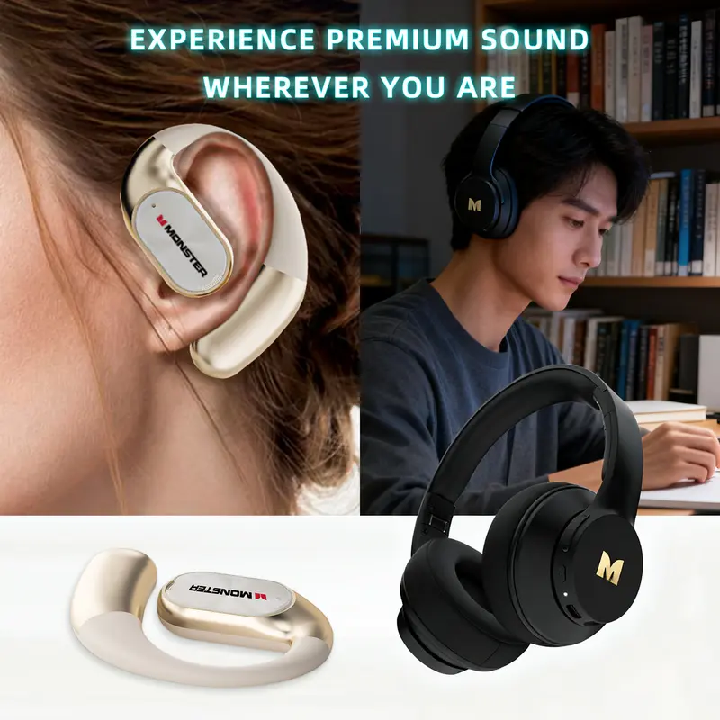 Monster Over-Ear Noise-Cancelling Module Wireless Headphones & Earbuds Combo Set (Black) - Portable Foldable, Deep Bass Punch, Waterproof Bluetooth 6.0 Earbuds with 100H Long Playtime, Cool Gifts for Adults, Ideal for Gym, Travel - TikTokShopBackToSchool