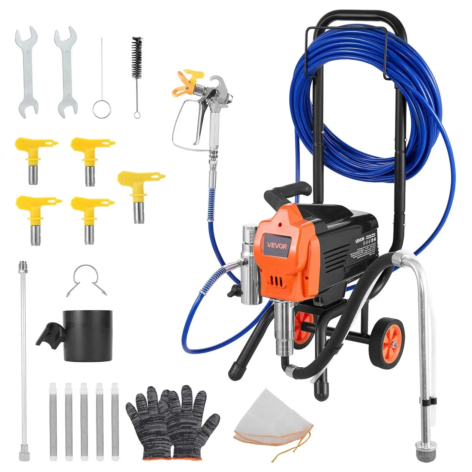 【Summerfinds】VEVOR Stand Airless Paint Sprayer,High Pressure Airless Sprayer with CartCleaning BrushHoseExtension RodNozzlesElectric Spray Paint Machine for Large ApartmentsBuildings or Factory Buildings., Work Tools