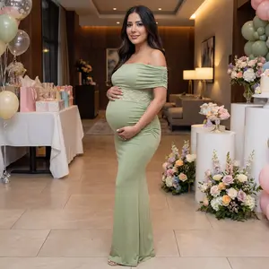 Green Off Shoulder Lace Sheer Splicing Ruched Baby Shower Maternity Maxi Dress Green Off Shoulder Lace Sheer Splicing Ruched Baby Shower Maternity Maxi Dress