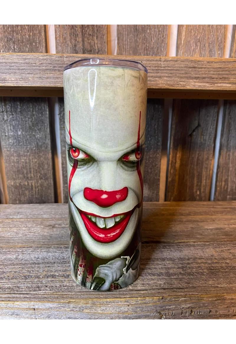 Penny Wise - It Clown - It Movie - Face and Fingers ~ 20oz Skinny Sublimation Tumbler - Amy's Tumbler Junkies - Your Favorite Tumbler Shop!