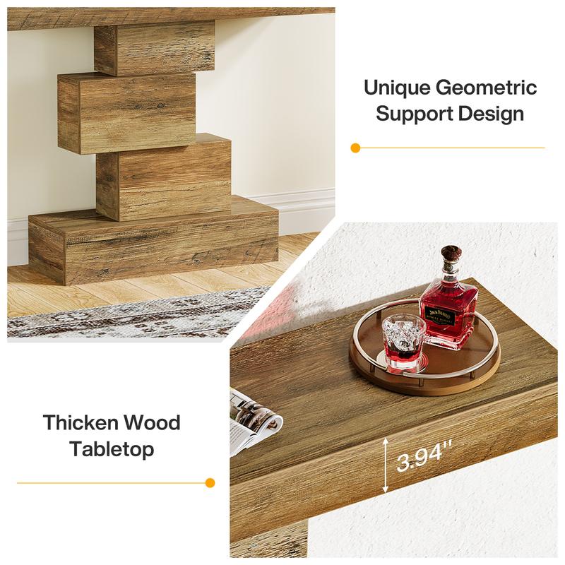 LITTLE TREE 42.5" Farmhouse Console Table, Narrow Wood Sofa Table Behind Couch with Geometric Base, Industrial Entryway Accent Table for Living Room, Hallway, Entrance