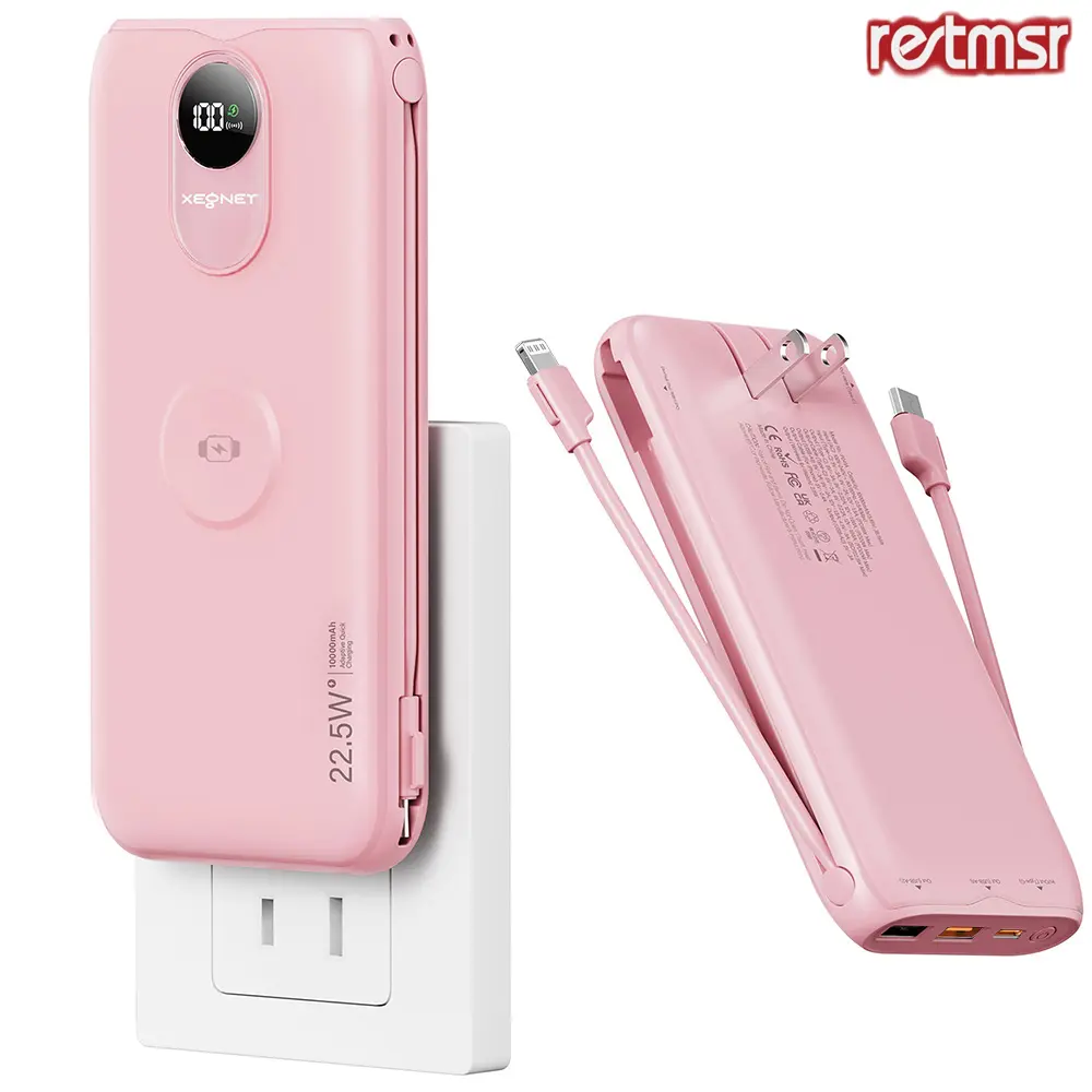 RETMSR 5000-10000mAh 22.5W Fast Charging Power Bank Charger - Foldable AC Plug, Dual USB Ports, Digital LED Display, Wireless Charging, Built-in Protection, Cable-Compatible for Smartphones (iPhone, Samsung) & Electronic Accessories
