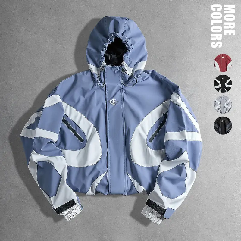 Windproof Plaid Solid Color Baseball Jacket with Stand Up Collar and Cuffs Patchwork Print Hooded Long Sleeves — Casual Motorcycle Outdoor Jacket, College Style Casual Fashion Jacket Zippered Jacket